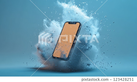 Modern smartphone with blank orange screen exploding with white powder creating an abstract background, perfect for technology and innovation concepts 123428251