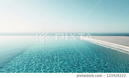 Clear turquoise water in an infinity pool seems to merge with the ocean on a sunny day, creating a relaxing and luxurious atmosphere 123428322