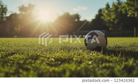 Classic leather soccer ball sits on a vibrant green field, bathed in the golden light of a setting sun, creating a serene and inspiring sports scene 123428362