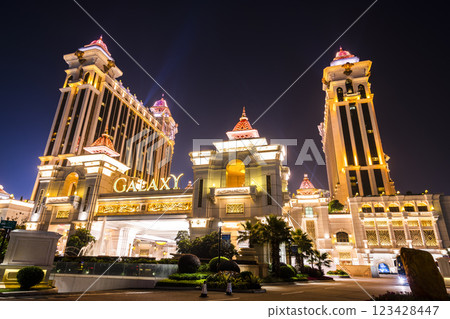 Beautiful night view of Galaxy Entertainment Group a hotel casino resort on the Cotai Strip in Macau, China. Beautiful night view of Galaxy Entertainment Group a hotel casino resort on the Cotai Strip in Macau, China. 123428447