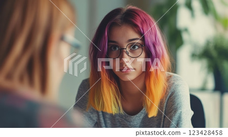 Young girl with colorful hair and eyeglasses listening to her psychologist during psychotherapy session in the office, mental health and adolescence concept 123428458