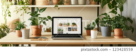 Open laptop displaying an e commerce website selling plants is placed on a desk with various potted plants, creating a home office environment focused on online plant shopping Open laptop displaying an e commerce website selling plants is placed on a desk with various potted plants, creating a home office environment focused on online plant shopping 123428559