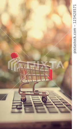Miniature shopping cart is standing on a laptop keyboard, symbolizing the concept of online shopping, e commerce, and convenient delivery in the digital age 123428571