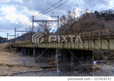 Scenery of a local train crossing an iron bridge Scenery of a local train crossing an iron bridge 123428572