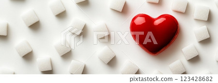 Red heart surrounded by refined sugar cubes symbolizes the impact of excessive sugar intake on cardiovascular health, highlighting the importance of sugar reduction for a healthy lifestyle 123428682