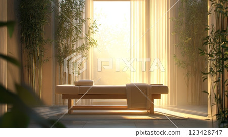 Massage table draped with white towels is illuminated by golden light streaming through a large window in a spa room decorated with bamboo plants 123428747