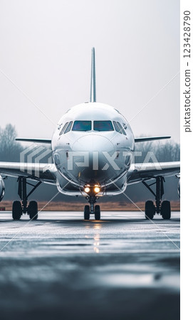 White passenger jet airplane is taxiing on the runway of an airport on a cloudy day. The airplane is preparing for takeoff 123428790