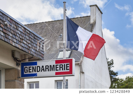 Tricolor gendarmerie sign and a French flag 123428849