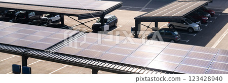 Parking space with solar panels on a roof. Solar canopy Parking space with solar panels on a roof. Solar canopy 123428940