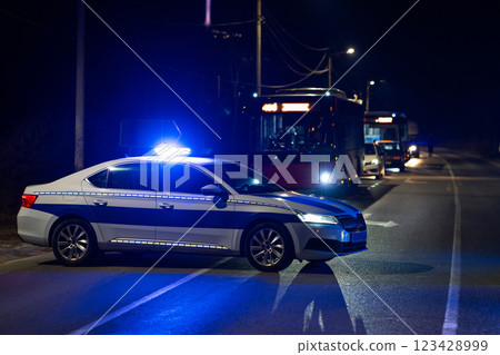 Road police blocked traffic at night 123428999