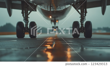 Low angle view of an airplane taxiing on a wet runway after a rain shower, with the focus on the landing gear and tires 123429313
