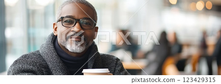 Mature businessman relaxes in an airport cafe, sipping coffee before his flight. He looks confident, seasoned, and professional, perfect for travel and business concepts 123429315