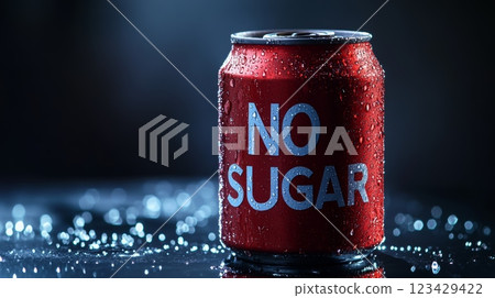 Refreshing red can with no sugar label stands on dark surface covered with water drops, representing sugar free choices for healthy living and reduced sugar intake 123429422