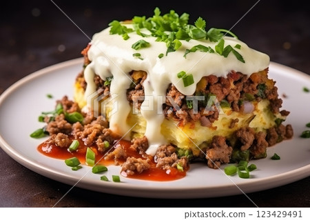 Delicious shepherds pie classic savory dish with minced meat and mashed potatoes 123429491