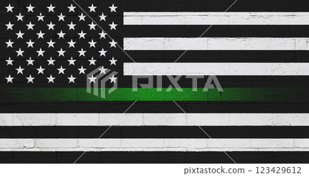 Black and white American Flag painted on a wall 123429612