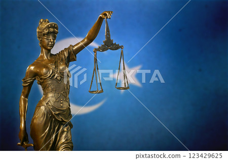 Lady Justice before a flag of Uyghur 123429625