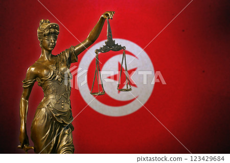 Lady Justice before a flag of Tunisia 123429684