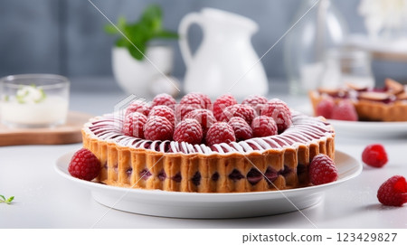 Bakewell tart with frangipane filling and raspberry jam on blurred white kitchen background 123429827