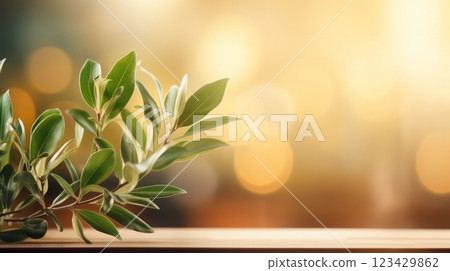 Close up of young olive tree with green leaves and copy space, blurred background 123429862
