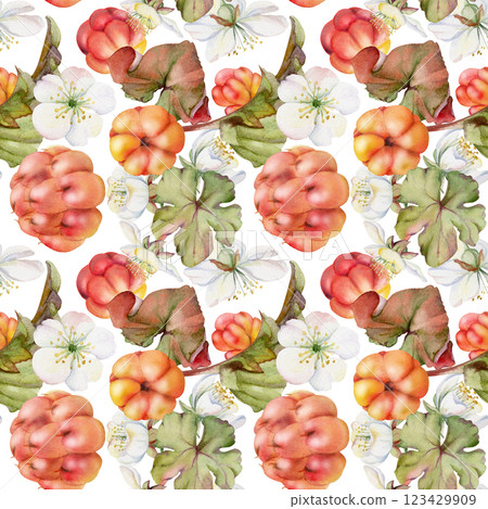 Cloudberry raspberry with white flowers, green leaves hand drawn in watercolor, red ripe forest berry on stems. Seamless pattern isolated illustration. Restaurant, cafe menu, wedding, farmers market 123429909