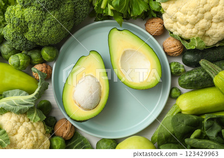 Set of protein vegetables on light background, top view Set of protein vegetables on light background, top view 123429963