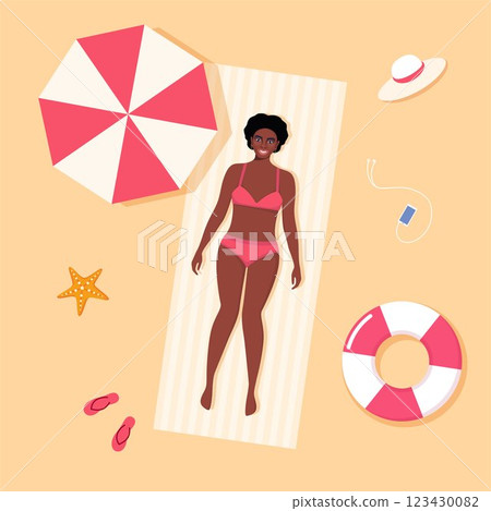 Beautiful black woman in swimsuit sunbathes on the beach. Top view beach background. Summer time vacations. Vector illustration. Beautiful black woman in swimsuit sunbathes on the beach. Top view beach background. Summer time vacations. Vector illustration. 123430082