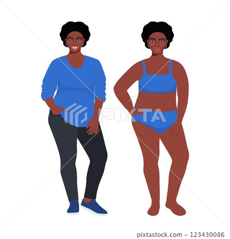 Oversize obesity, pretty large black lady in beautiful fashionable clothes and in underwear. Body positive woman. Plus size female character. Attractive curvy, overweight girl. Vector illustration. 123430086