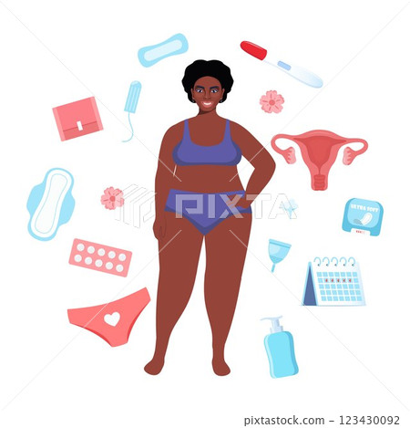 Womans health concept. Menstruation, period, female uterus, reproductive system. Black woman, pregnancy test, tampon, calendar, womb, pads, menstrual cup, pants. Vector illustration. Womans health concept. Menstruation, period, female uterus, reproductive system. Black woman, pregnancy test, tampon, calendar, womb, pads, menstrual cup, pants. Vector illustration. 123430092
