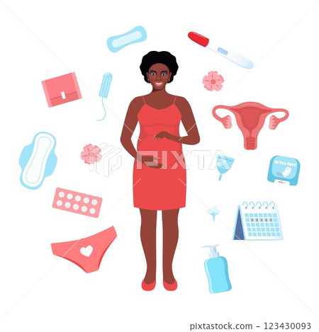 Womans health concept. Pregnancy, menstruation, period, female uterus, reproductive system. Pregnant Black woman, pregnancy test, tampon, calendar, womb, pads, menstrual cup, pants. Vector. Womans health concept. Pregnancy, menstruation, period, female uterus, reproductive system. Pregnant Black woman, pregnancy test, tampon, calendar, womb, pads, menstrual cup, pants. Vector. 123430093