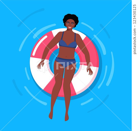 Happy black woman in swimsuit floating on rubber ring in swimming pool or in the sea. Relaxation, enjoying life concept. Vector Illustration. 123430125
