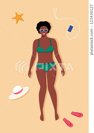 Beautiful black woman in swimsuit sunbathes on the beach. Top view beach background. Summer time vacations. Vector illustration. 123430127