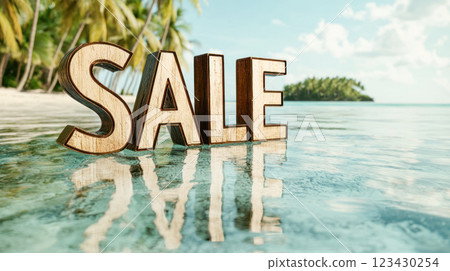 Large wooden letters spelling SALE stand in shallow tropical ocean water with palm trees and a bright blue sky in the background, creating a summer vacation discount concept. 123430254