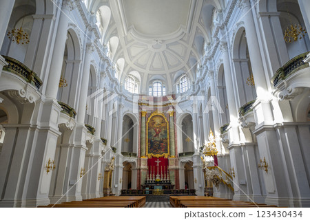 Interior of the Dresden Cathedral of the Holy Trinity (Katholische Hofkirche) at Theaterplatz in Dresden, Saxony, Germany Interior of the Dresden Cathedral of the Holy Trinity (Katholische Hofkirche) at Theaterplatz in Dresden, Saxony, Germany 123430434