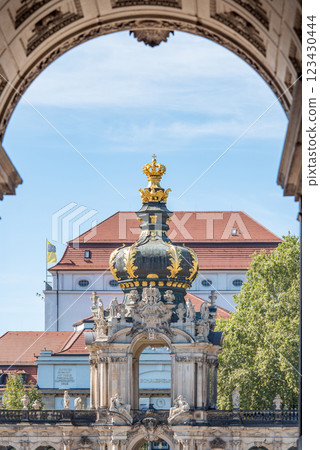 Crown gate of Zwinger palace complex with gardens, one of the most important buildings of the Baroque period in Dresden, Germany 123430444