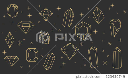 Crystal gemstone celestial gold thin line polygon stone, magic contour gem, polyhedron. Elegant outline geometric quartz, jewel. Mineral linear icon. Crystal gemstone celestial gold thin line polygon stone, magic contour gem, polyhedron. Elegant outline geometric quartz, jewel. Mineral linear icon. 123430749
