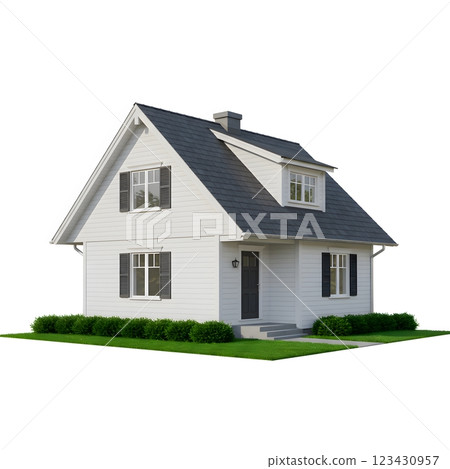 Cozy White Suburban House with Black Roof and Shutters 123430957