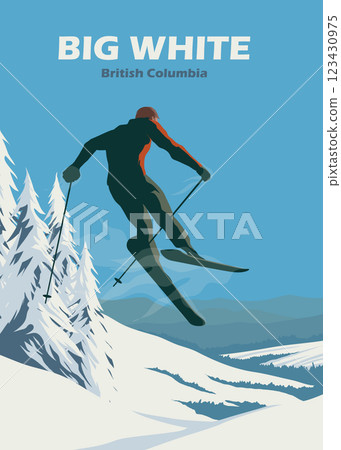 ski jumping at big white vintage poster illustration design, mountain skiing background design 123430975