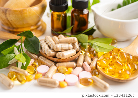 Alternative medicine herbal organic capsule, mineral, drug with herbs leaf natural supplements for healthy good life. 123431265