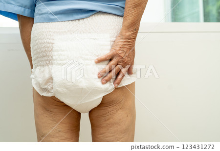 Asian senior woman patient wearing incontinence diaper in hospital, healthy strong medical. 123431272