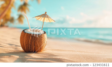 Fresh coconut drink with a straw and a cocktail umbrella on a sandy tropical beach with ocean waves and palm trees in the background, symbolizing relaxation and vacation. 123431611