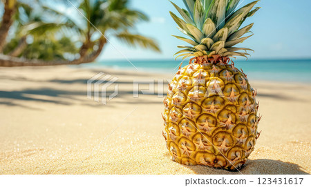 A ripe pineapple sits on a sandy tropical beach with palm leaves and turquoise ocean waves in the background, creating a refreshing and exotic summer atmosphere. 123431617