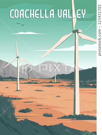 Coachella Valley vintage travel poster in spring season illustration design, windmill illustration poster design. 123431785
