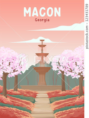 cherry blossom trees in macon vintage travel illustration design, water fountain outdoor in macon georgia 123431789