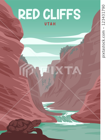 red cliffs and creek summer poster vintage illustration design, red cliffs utah red cliffs and creek summer poster vintage illustration design, red cliffs utah 123431790