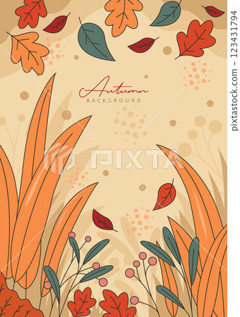 autumn theme background with leaves fall poster illustration, floral poster design 123431794