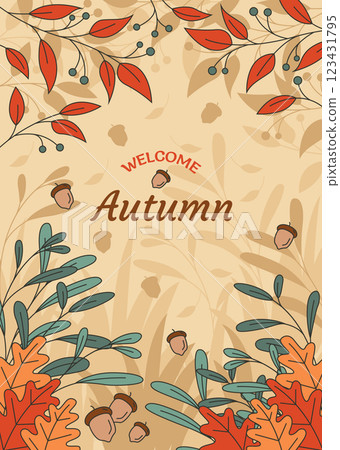 autumn poster portrait vector illustration design, botanical leaves background design. 123431795