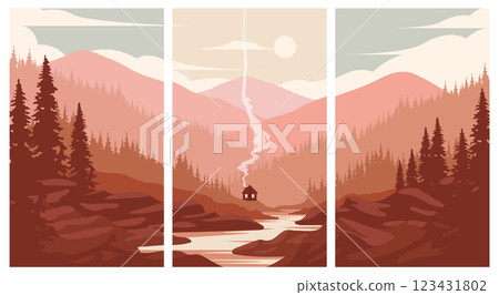 quiet cabin with beautiful natural views poster illustration design, set of nature view poster quiet cabin with beautiful natural views poster illustration design, set of nature view poster 123431802