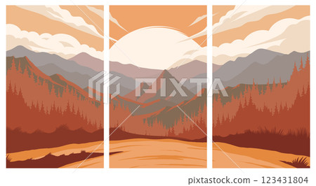 mountain view with wild forest and sunset in the background poster background illustration design 123431804