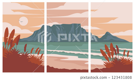 view of table mountain south africa poster vector illustration, set of cape town minimalist poster design. view of table mountain south africa poster vector illustration, set of cape town minimalist poster design. 123431808