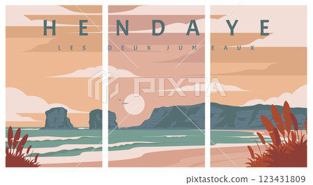 Hendaye Les Deux Jumeaux vintage poster illustration design, beautiful sandy beach at Hendaye poster . 123431809